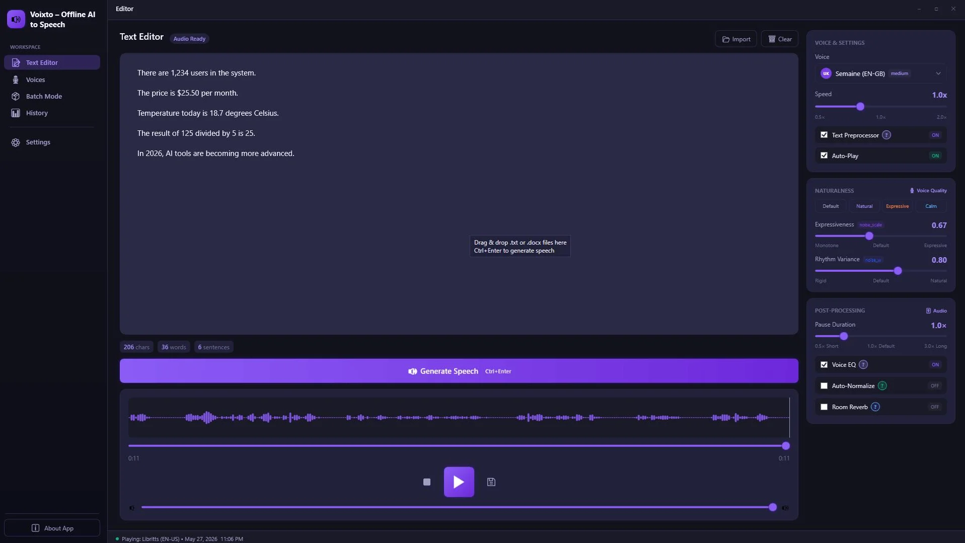 Voixto dashboard generator showing offline text to speech controls