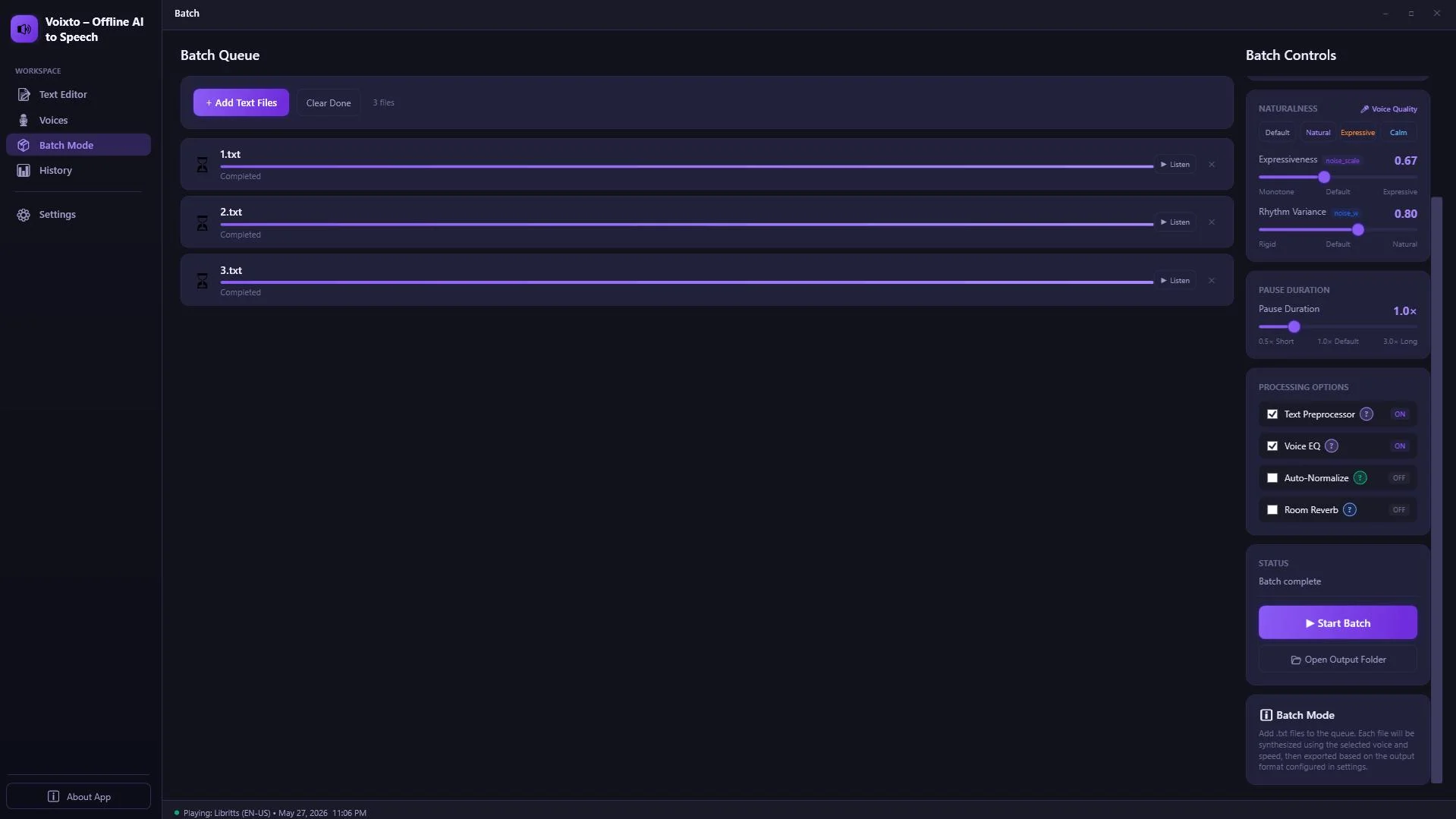 Voixto batch queue rendering multiple voiceovers offline