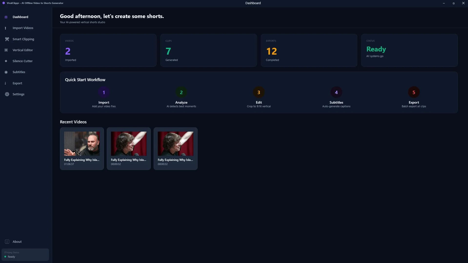 ViralClippr dashboard showing recent videos and clip stats