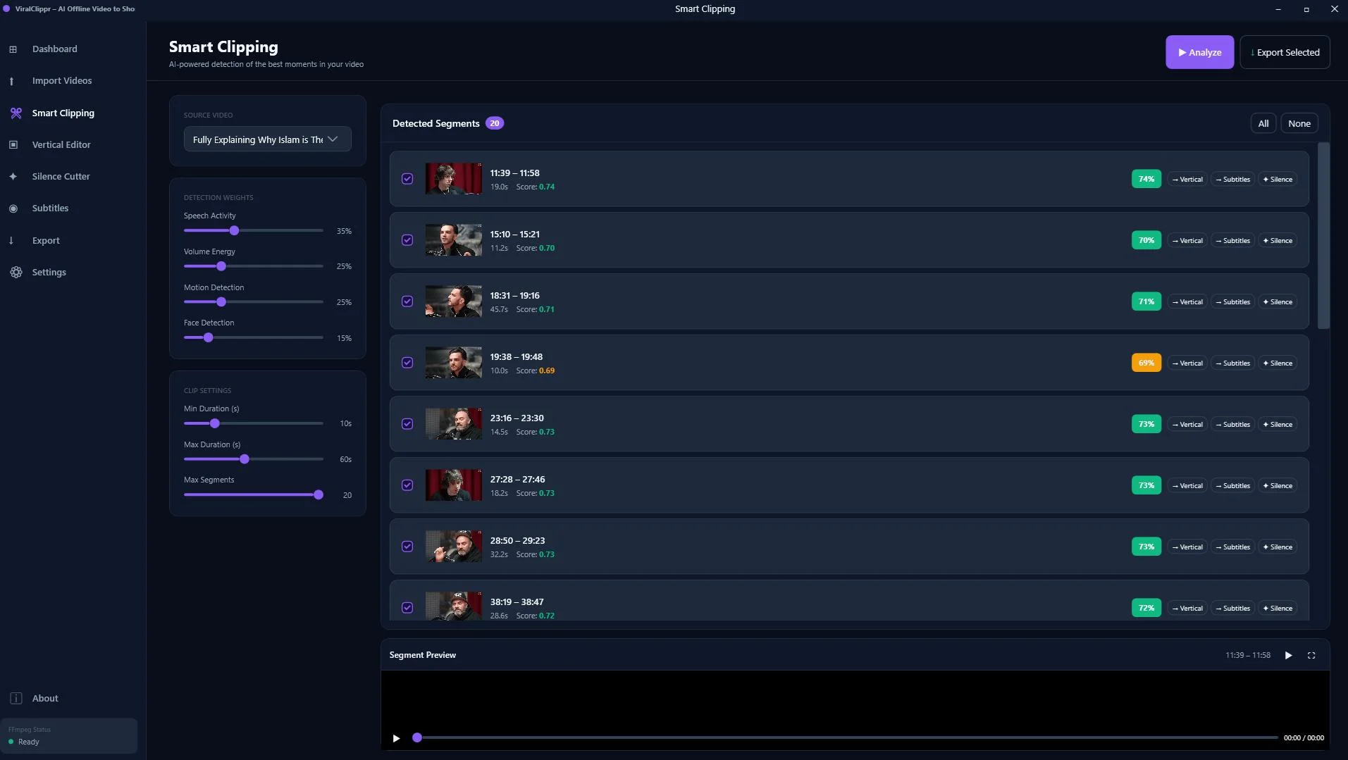 Generated clips view with viral scores in ViralClippr