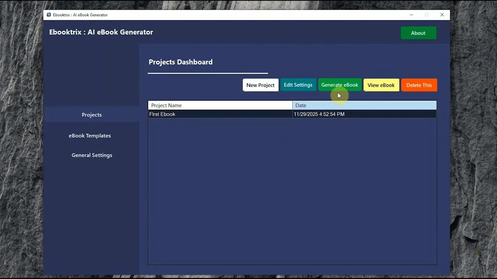 Ebooktrix AI eBook generator main interface showing topic and template selection