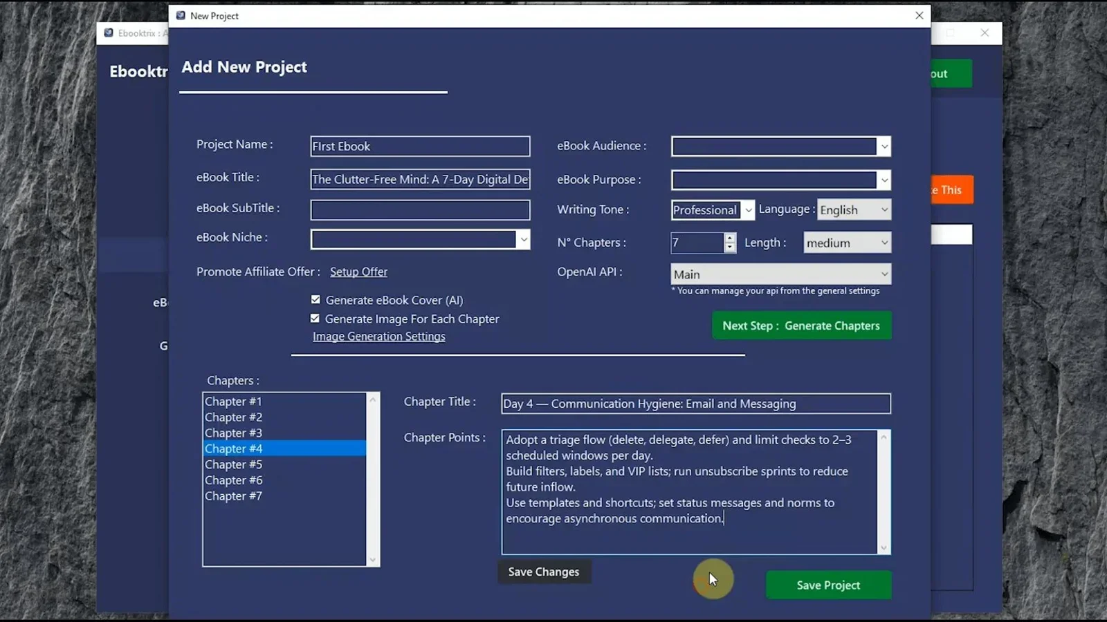 Ebooktrix features panel showing tone controls, chapter settings, and AI cover generator