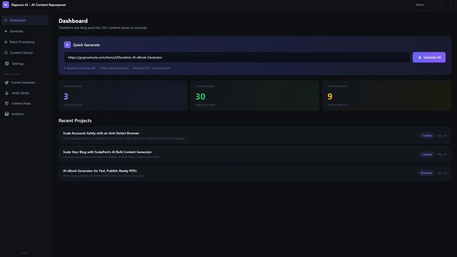 Repurso AI dashboard showing content repurposing options for multiple platforms
