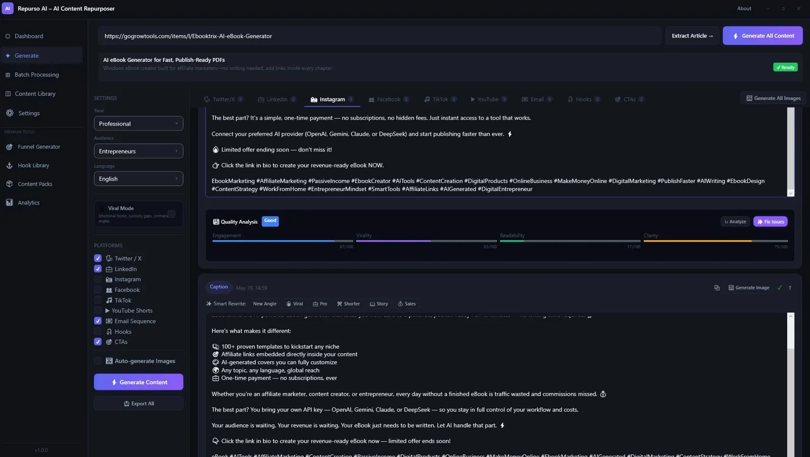 Repurso AI output showing a finished LinkedIn post and Twitter thread generated from one article