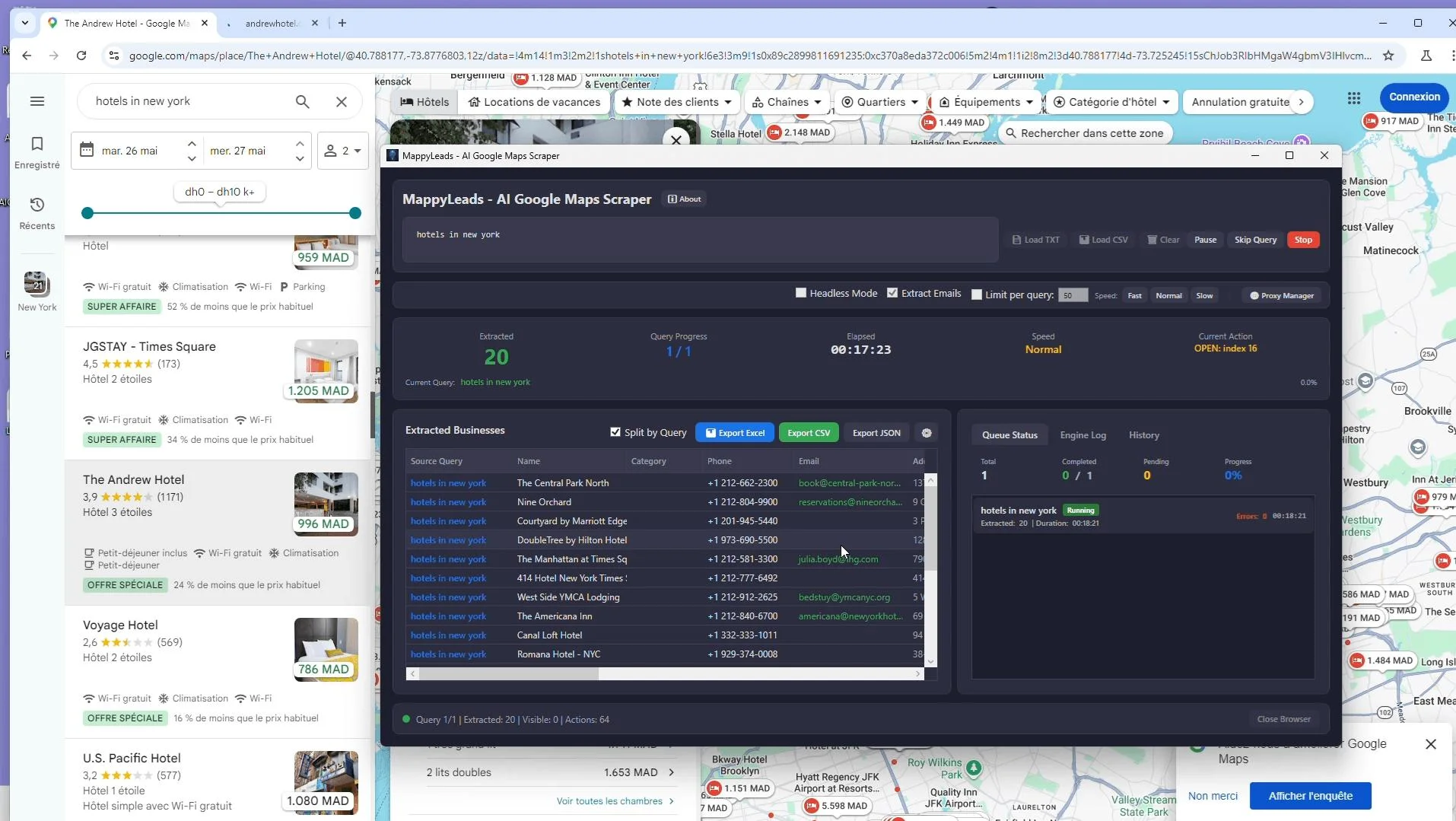MappyLeads Google Maps scraper interface showing business lead extraction