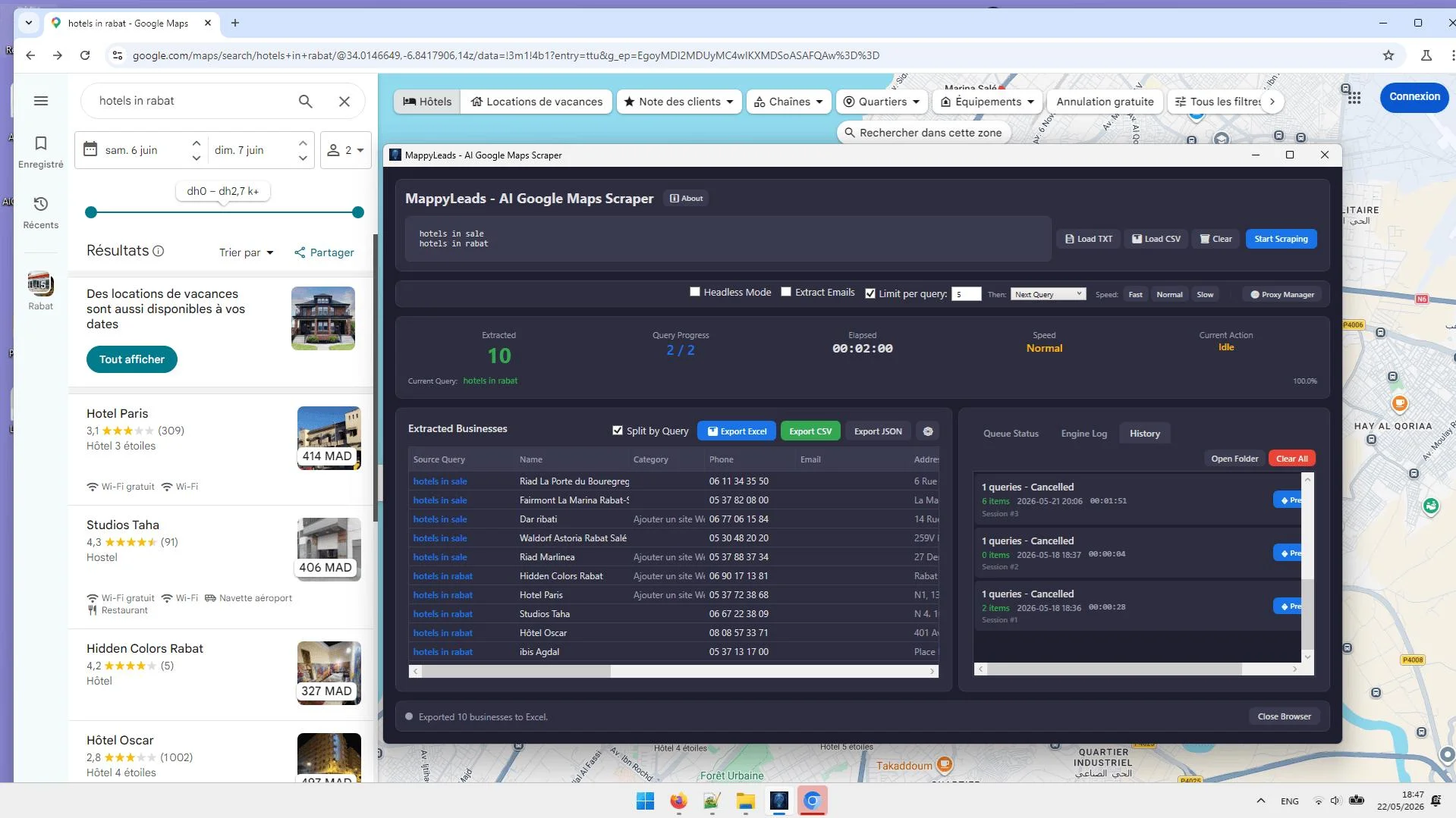 MappyLeads batch query loading interface for bulk Google Maps scraping