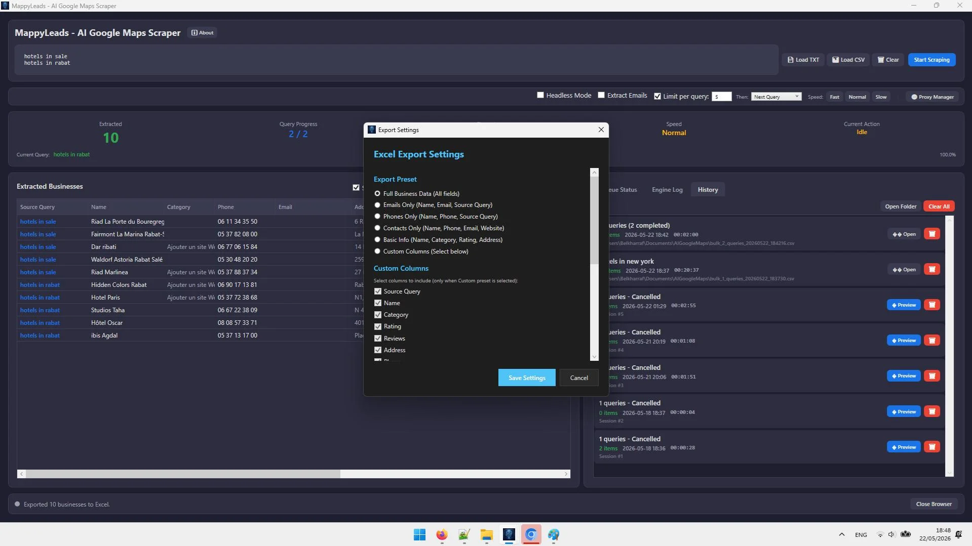 MappyLeads export options showing CSV JSON and Excel lead download