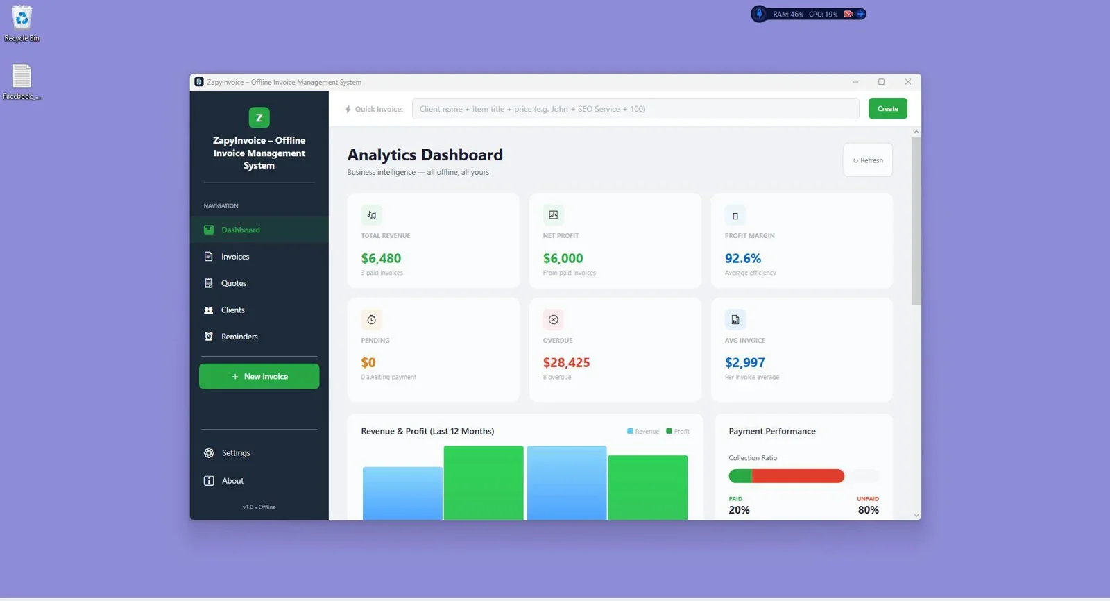 ZapyInvoice main dashboard showing invoice list and payment status