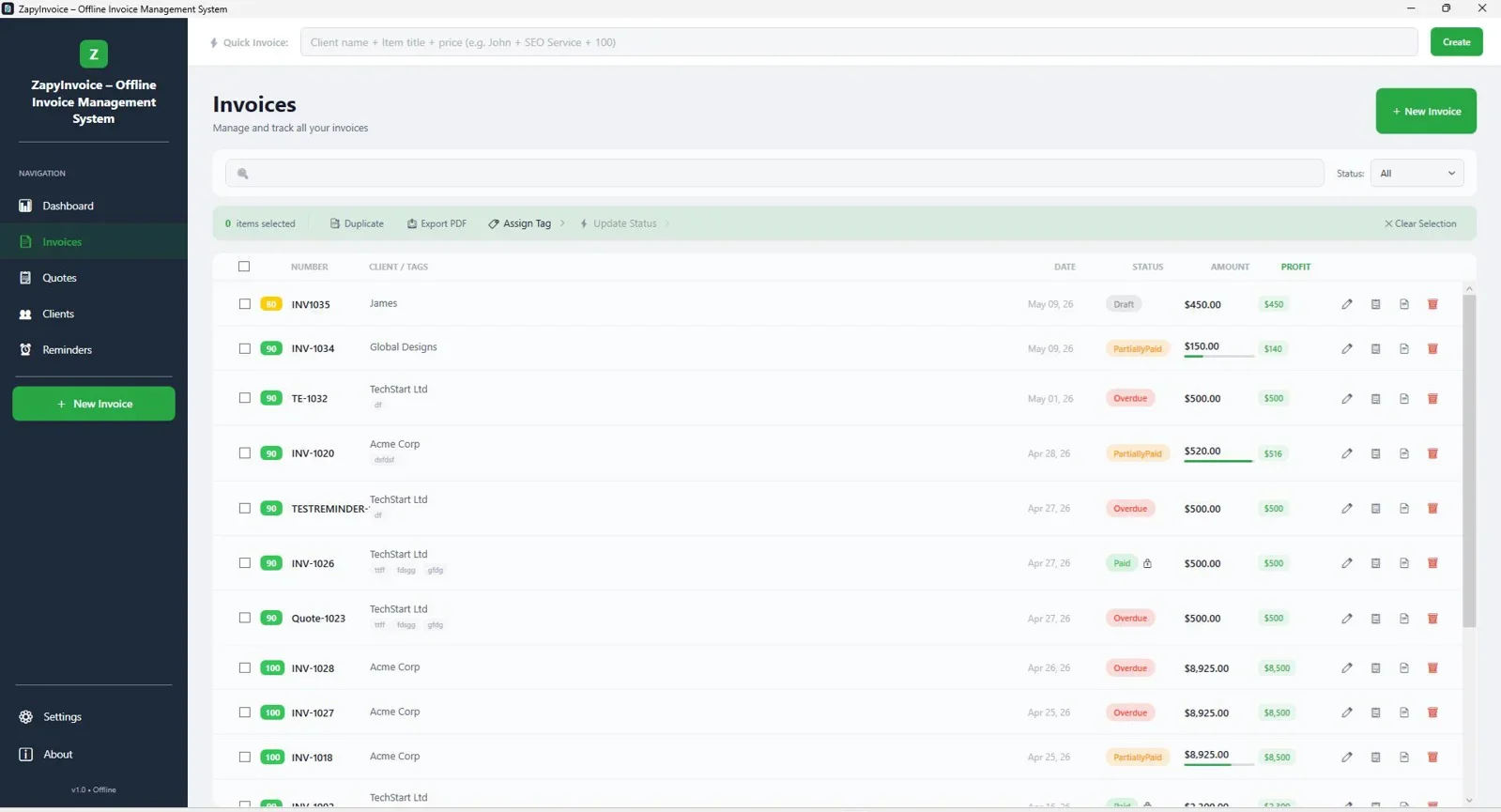 ZapyInvoice invoice creation screen with line items and client details