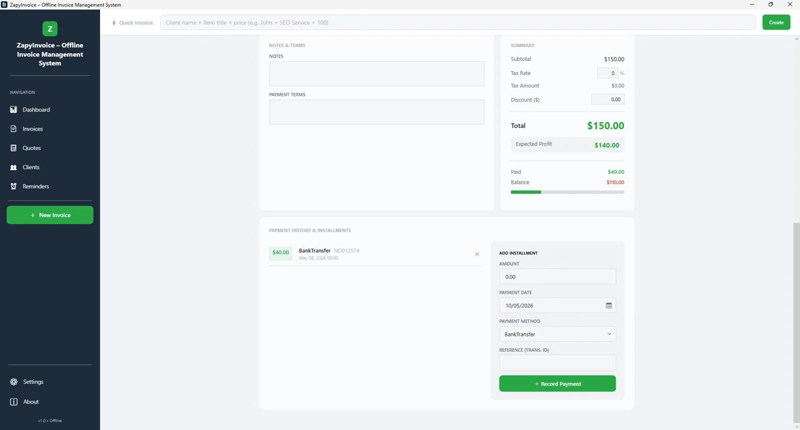 ZapyInvoice client management panel with billing history