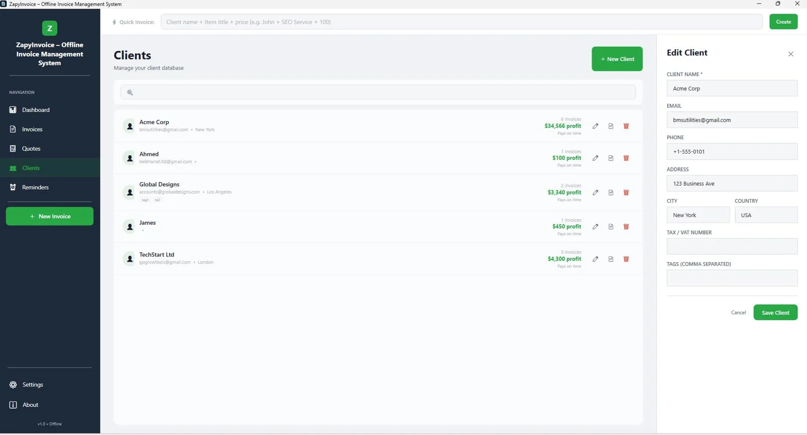 ZapyInvoice analytics dashboard showing revenue and payment trends