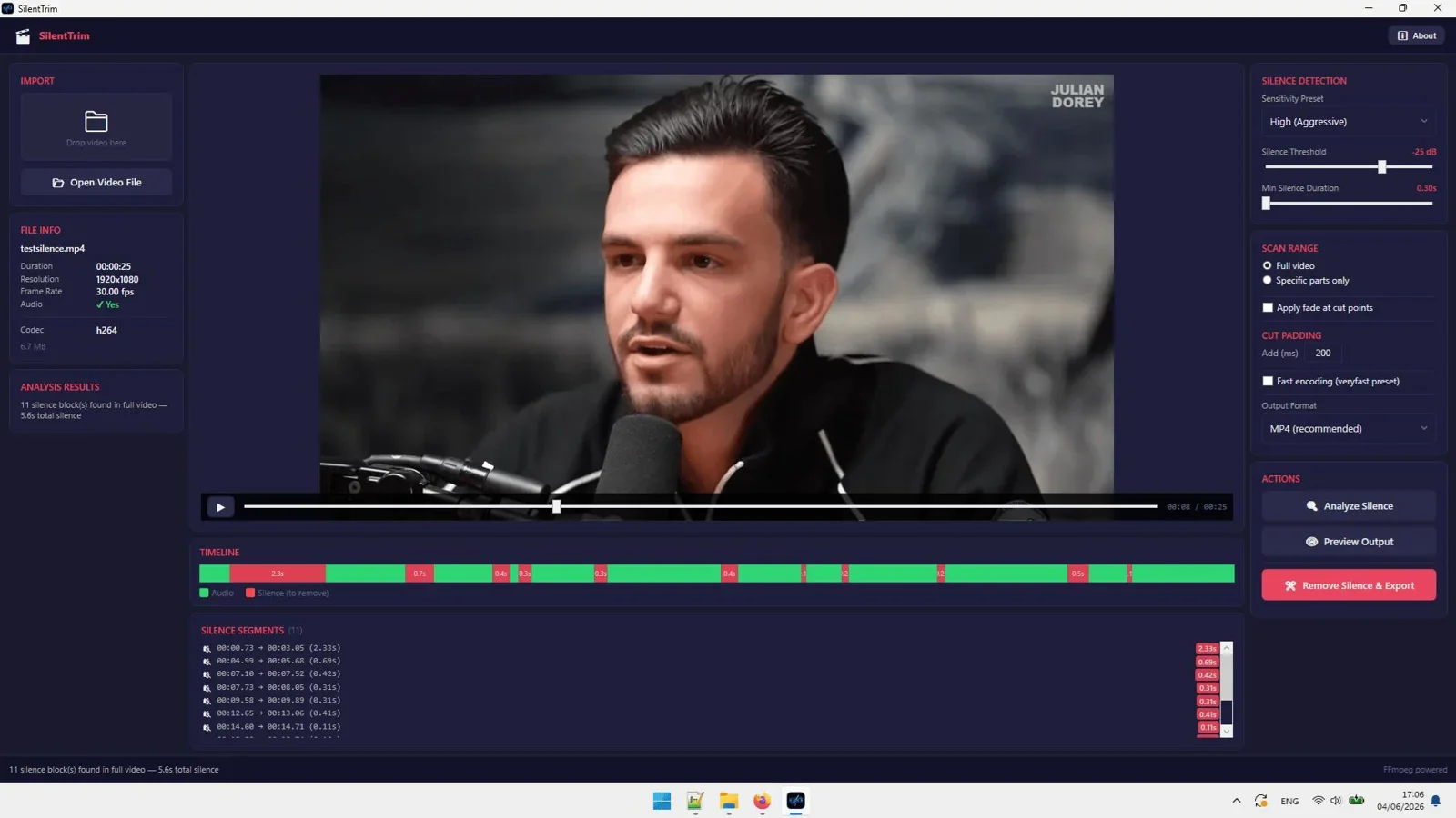 SilentTrim silence detection settings interface