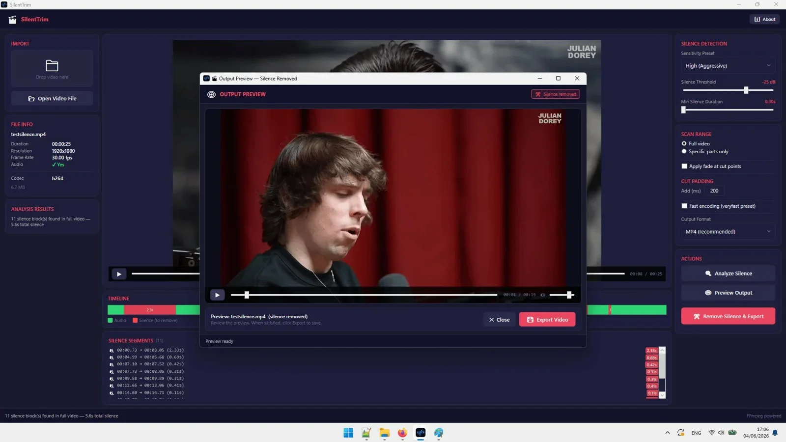 SilentTrim processing a video and removing silence automatically