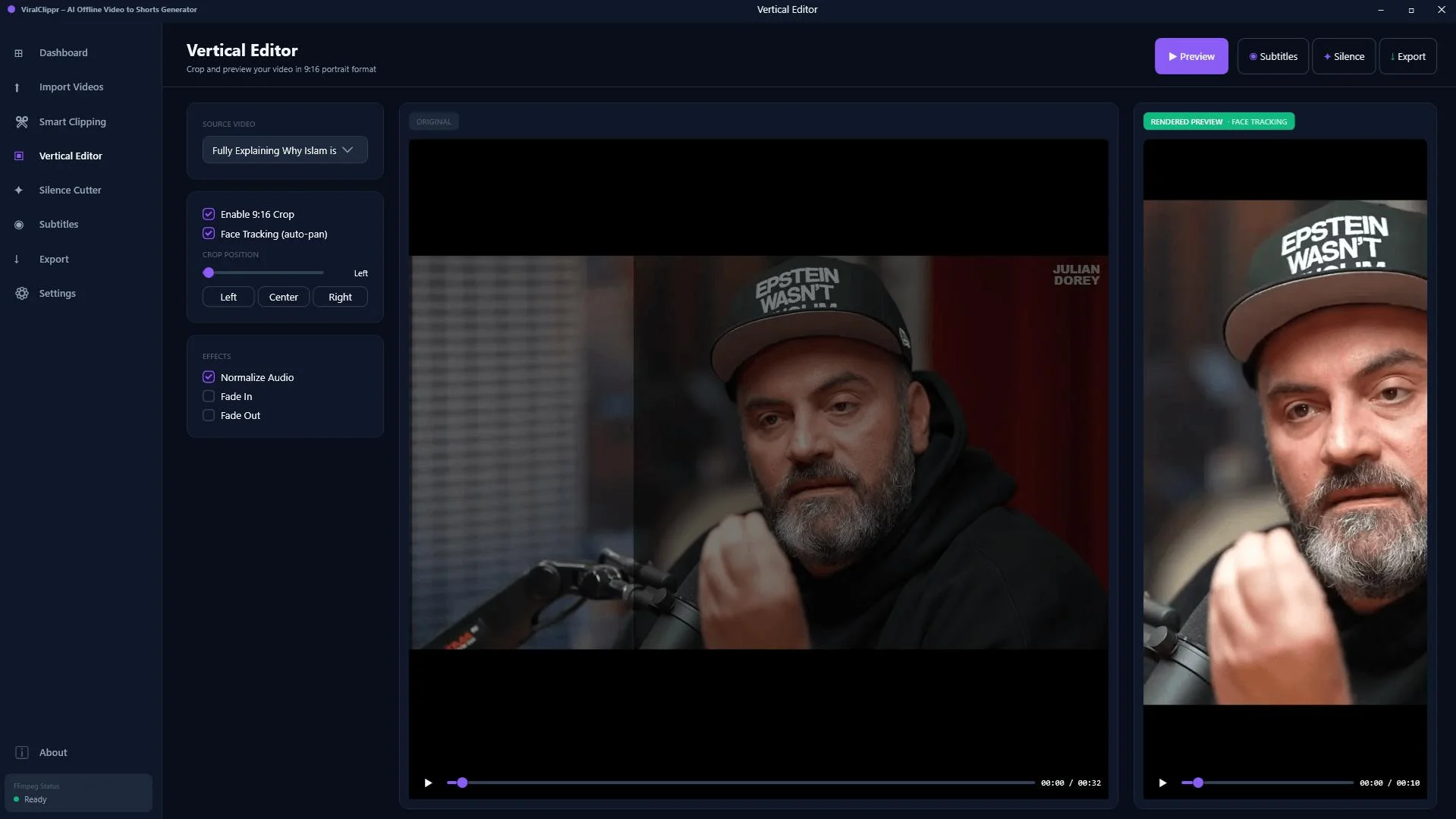 ViralClippr vertical editor with face detection