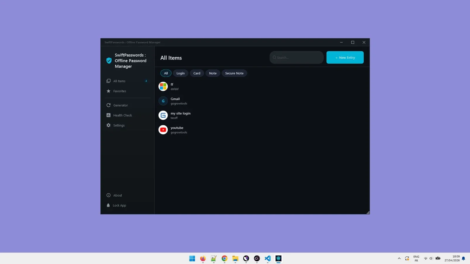 SwiftPasswords main vault dashboard