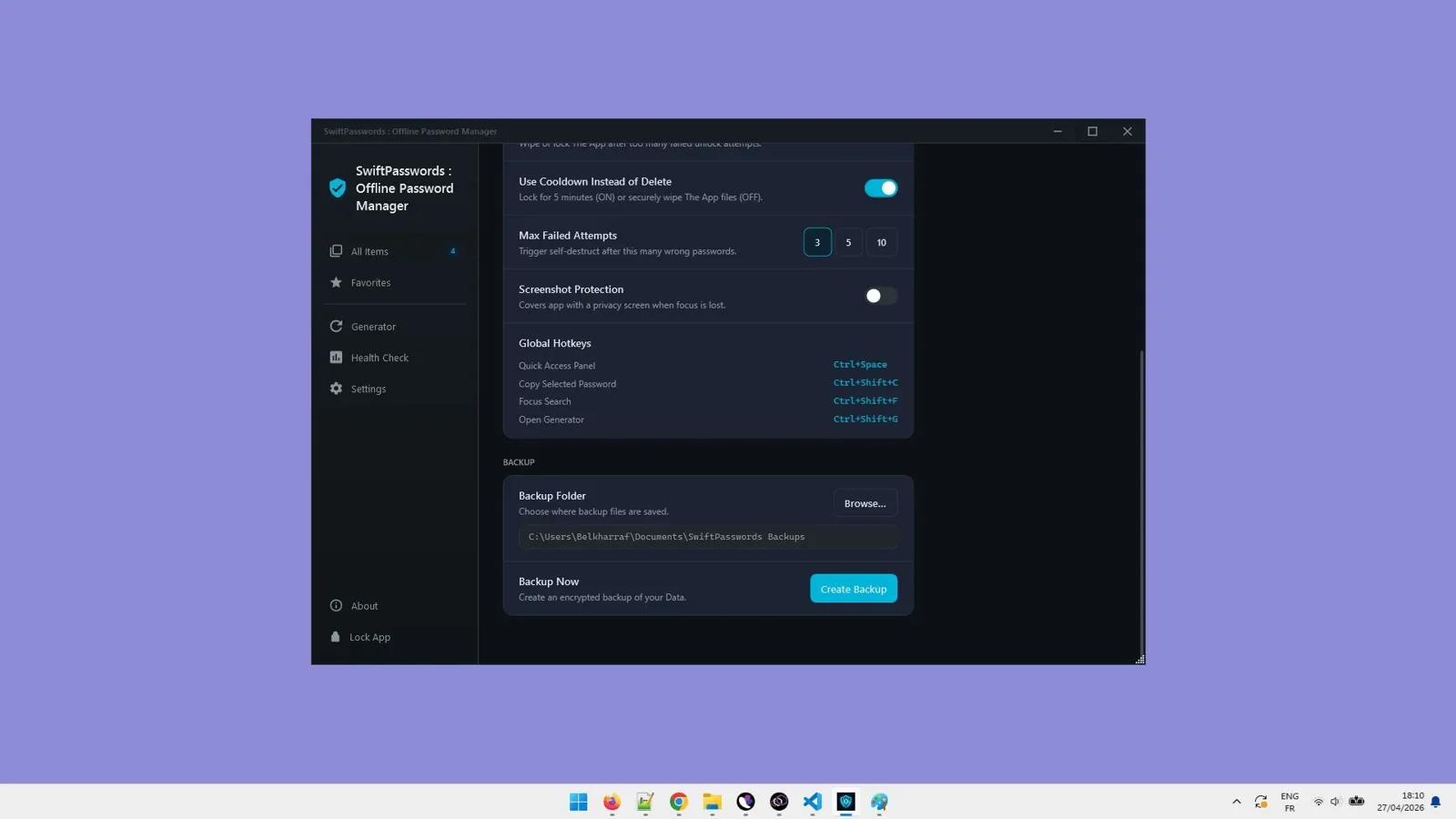 SwiftPasswords vault activity timeline