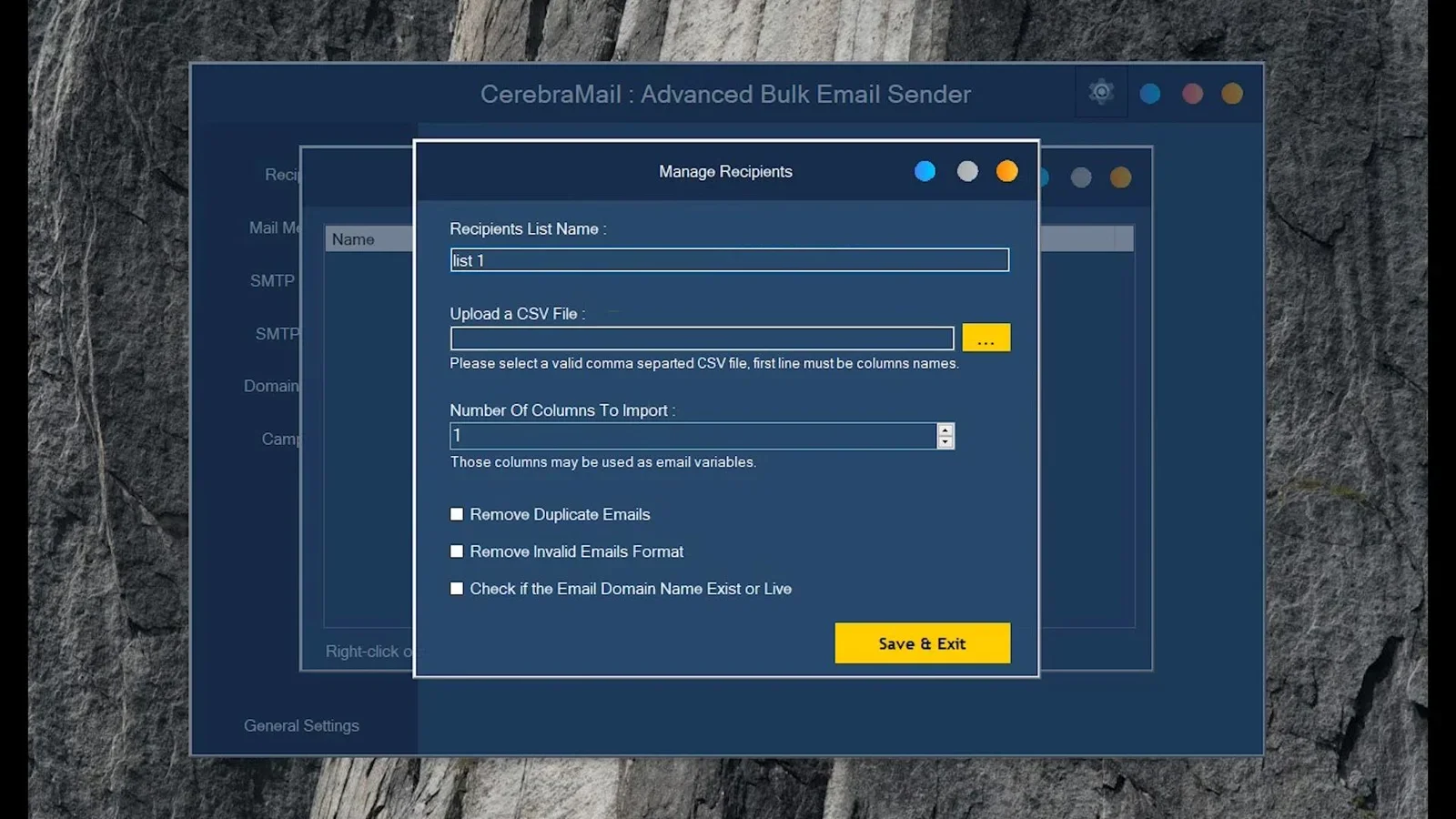 CerebraMail SMTP rotation setup screen
