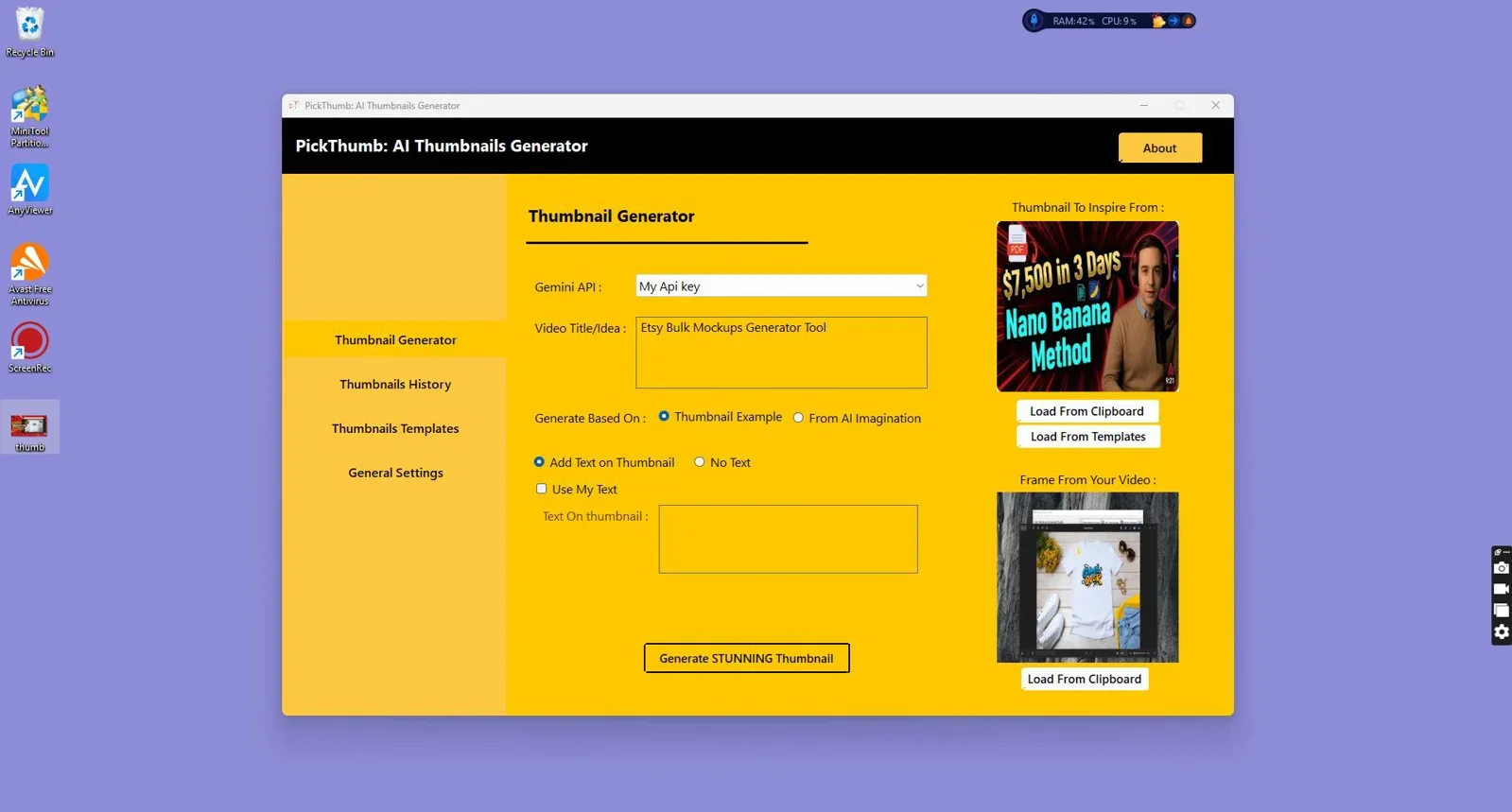 PickThumb AI thumbnail generator interface showing YouTube thumbnail creation workflow