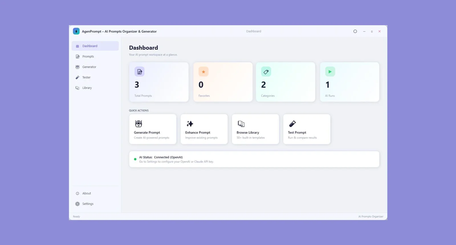 AgenPrompt prompt organizer interface showing categorized AI prompts