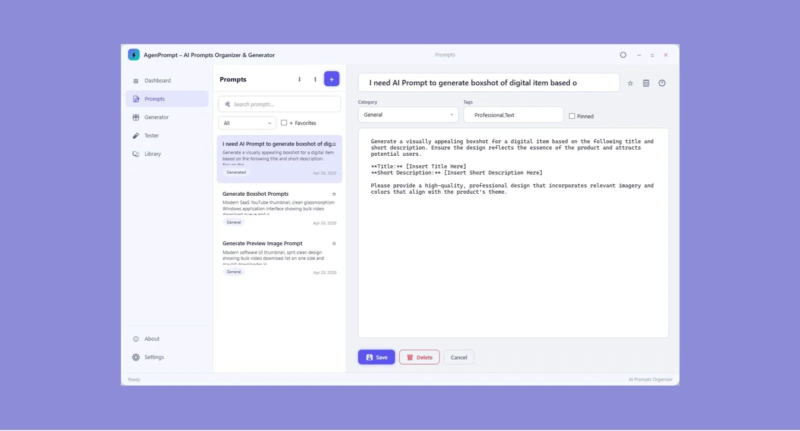 AgenPrompt interface showing prompt library with categories and search