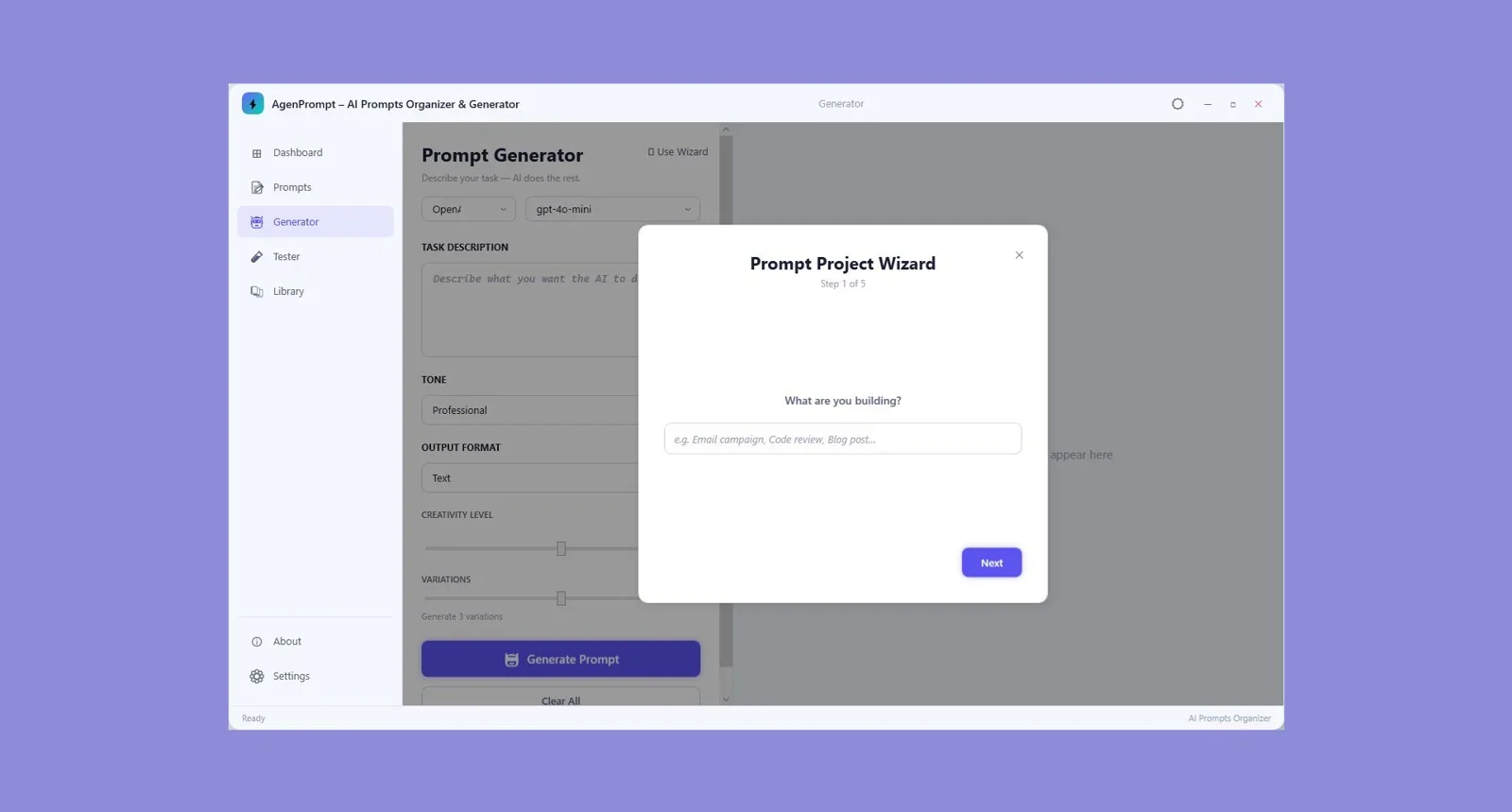 AgenPrompt prompt generator and enhancement screen