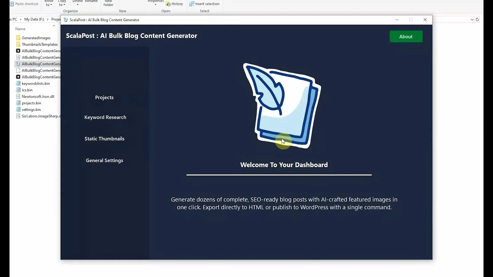 ScalaPost AI bulk blog generator dashboard showing batch content creation and WordPress publishing