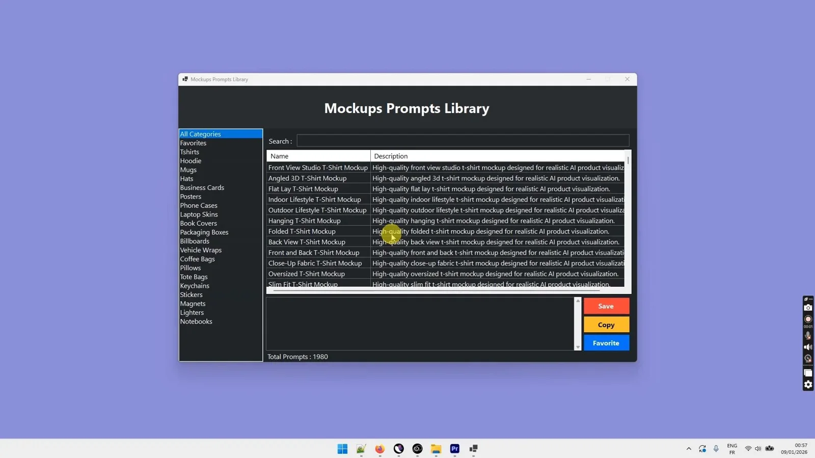 Mockups Prompts Library interface showing mockup prompt categories