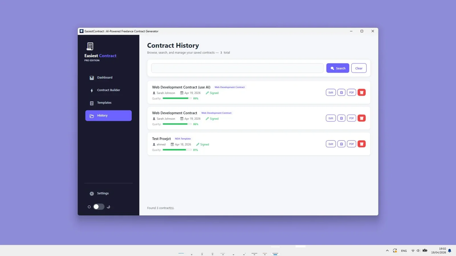 EasiestContract interface showing freelance contract template selection and customization