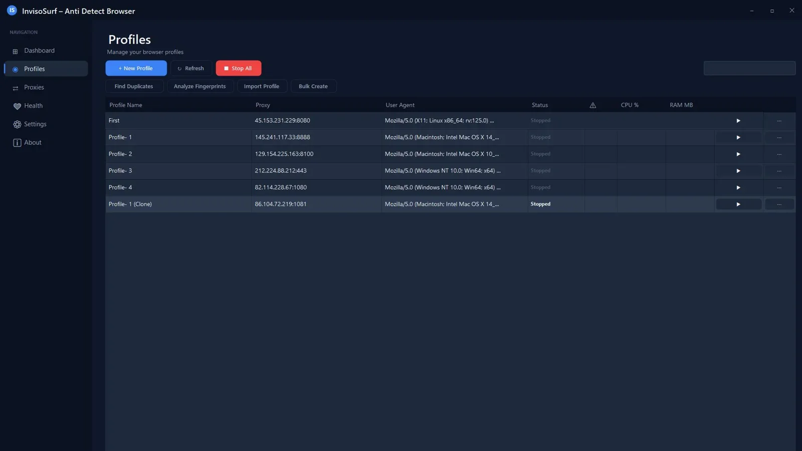InvisoSurf Multi Profile Dashboard