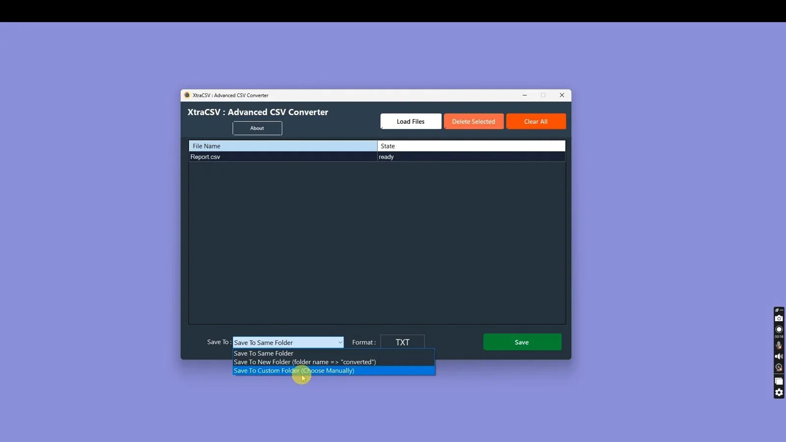 XtraCSV Desktop Interface Showing File Selection and Format Options