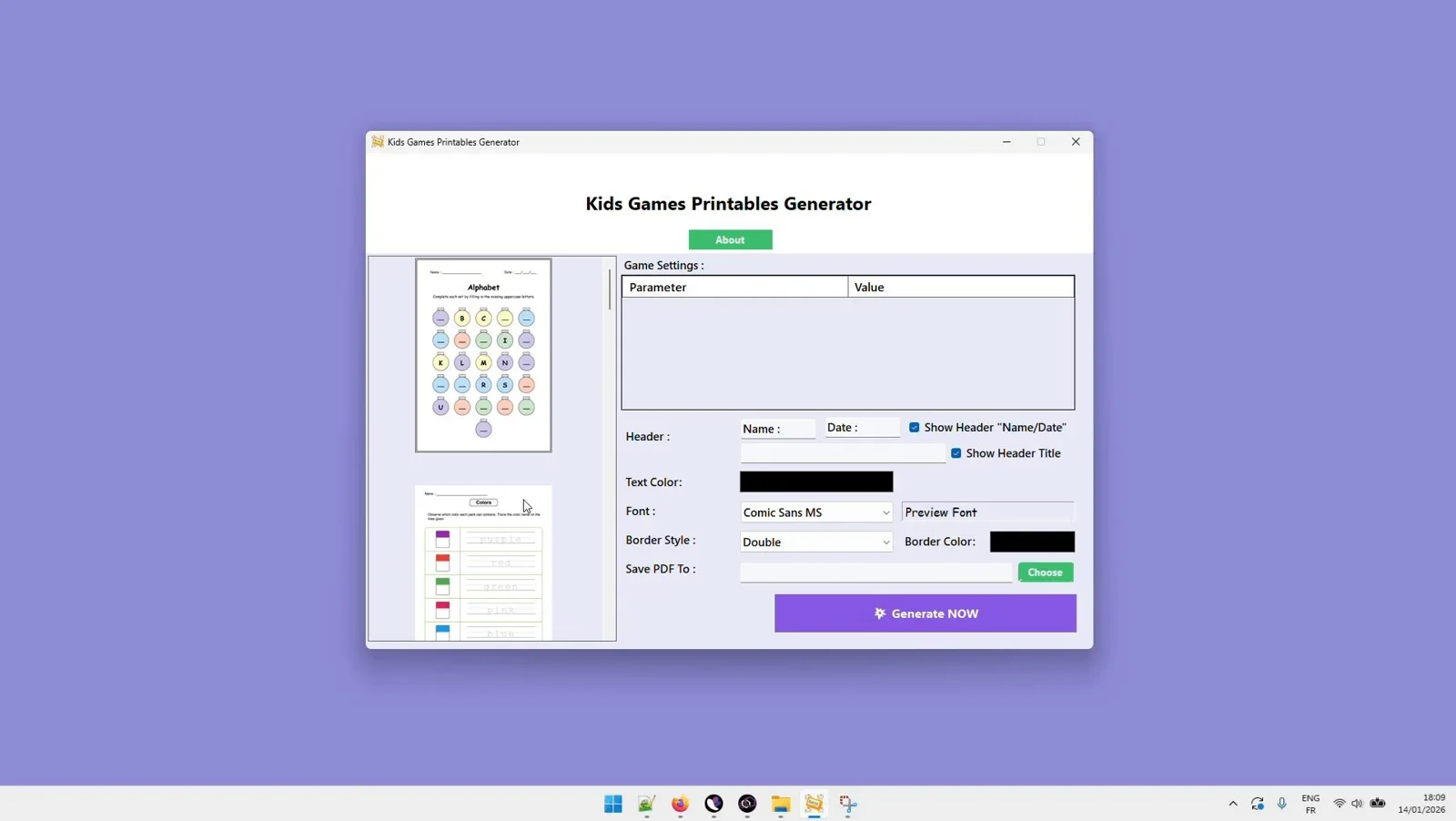 Kids Games Printables Generator Interface