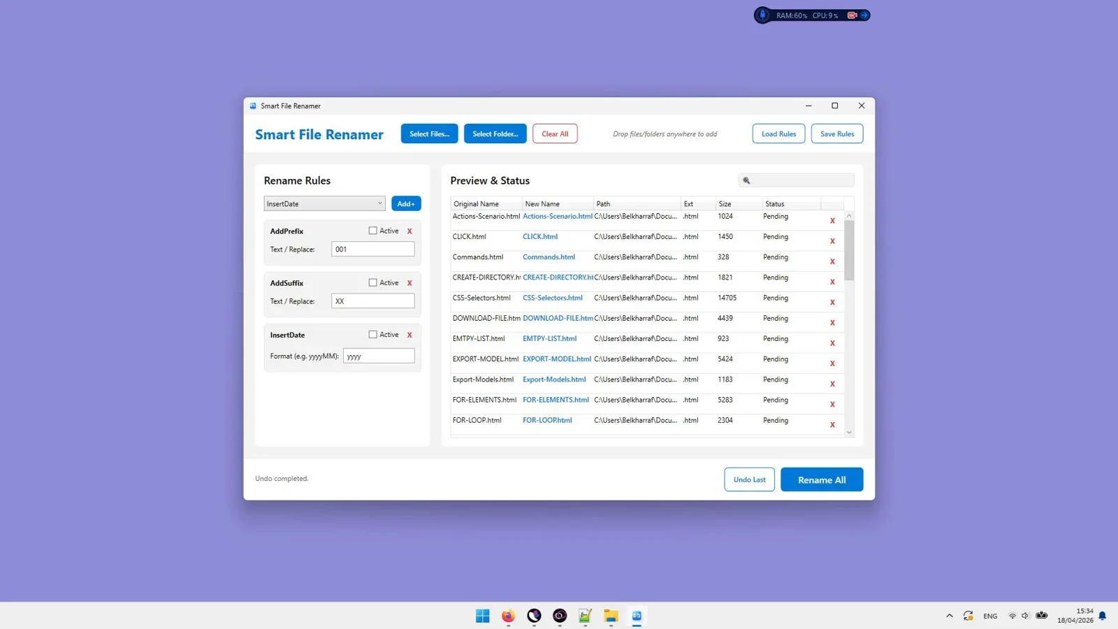 Smart File Renamer Interface