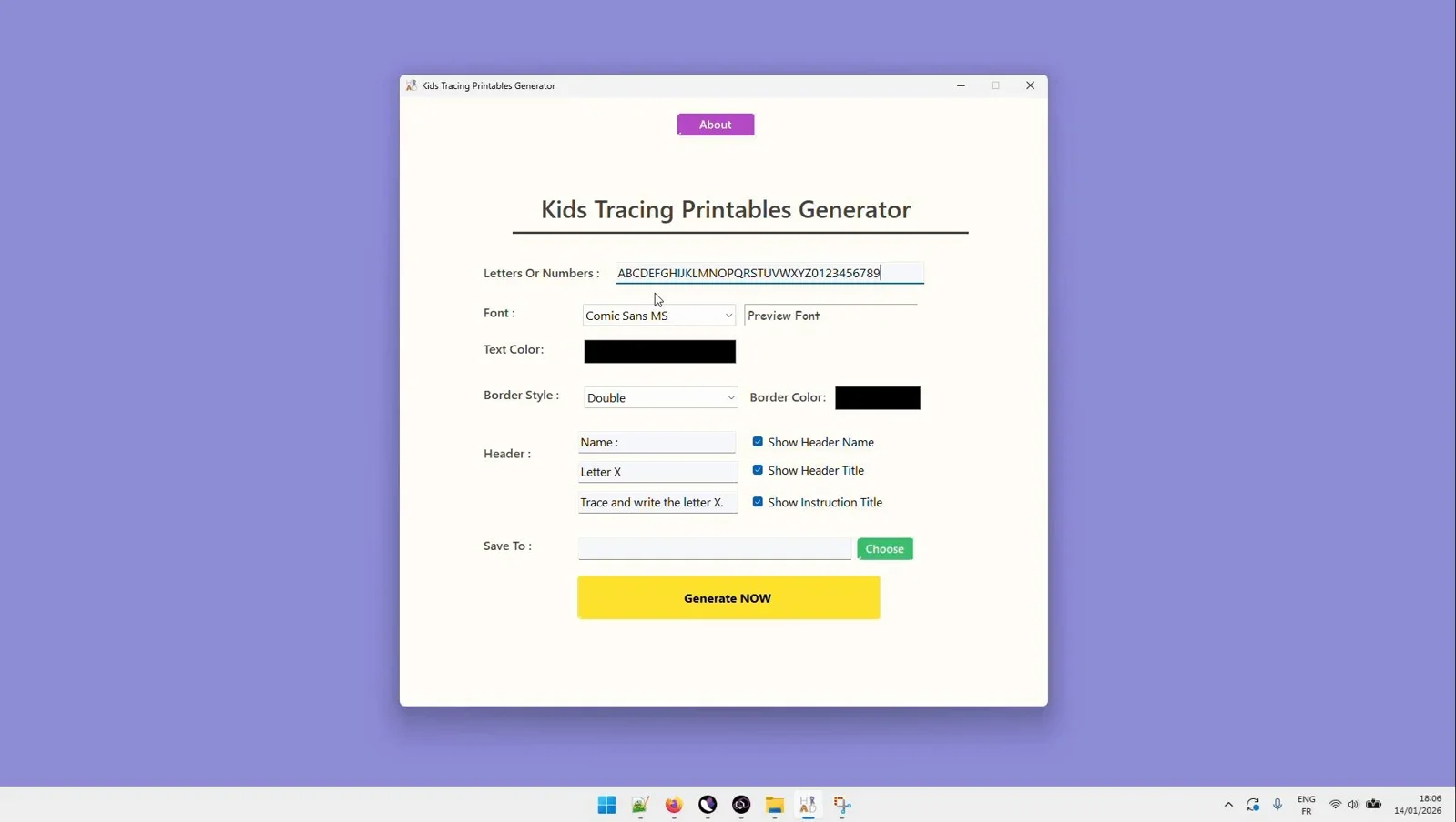 Kids Tracing Printables Generator Interface