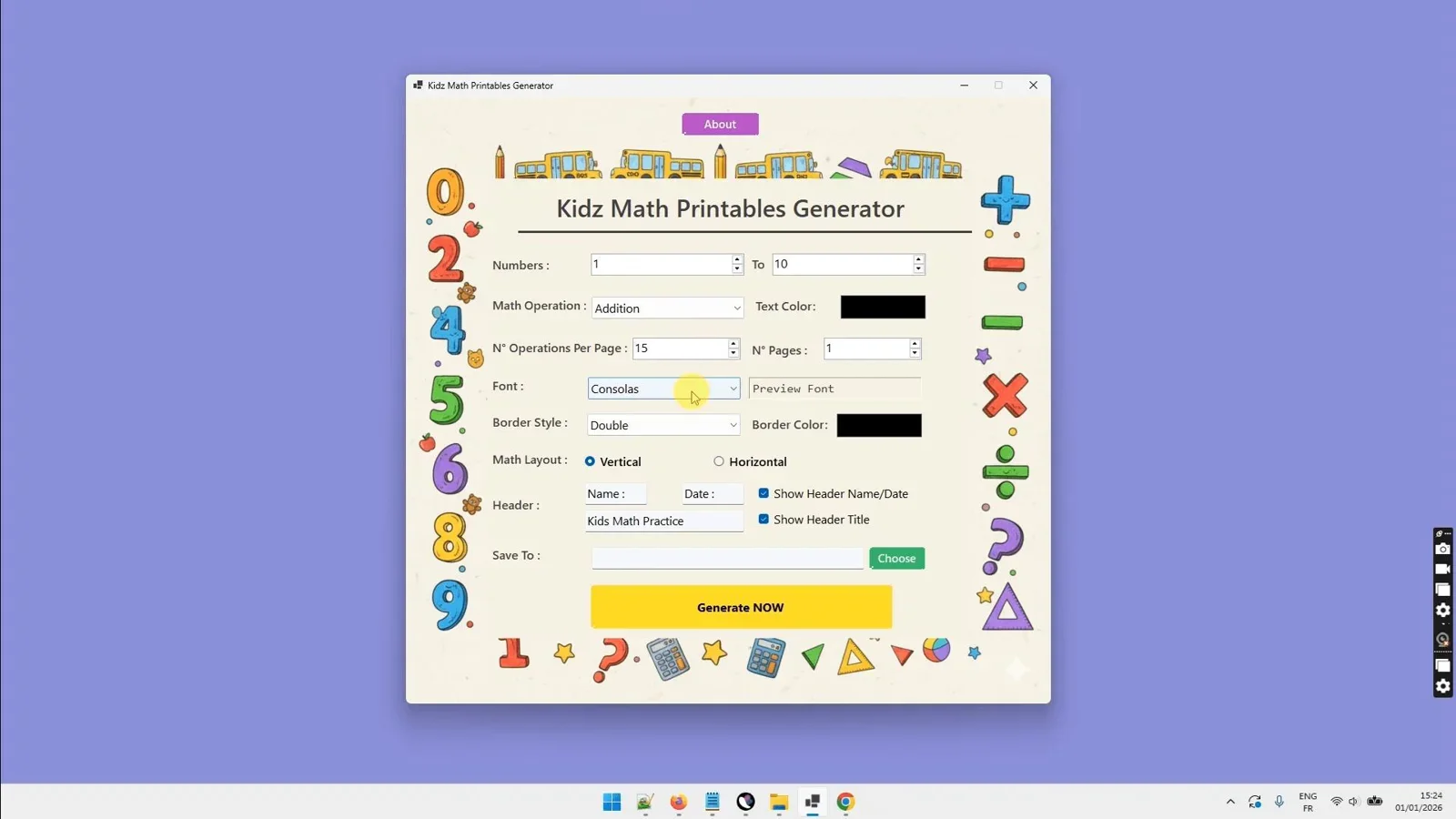 Kidz Math Printables Generator Interface