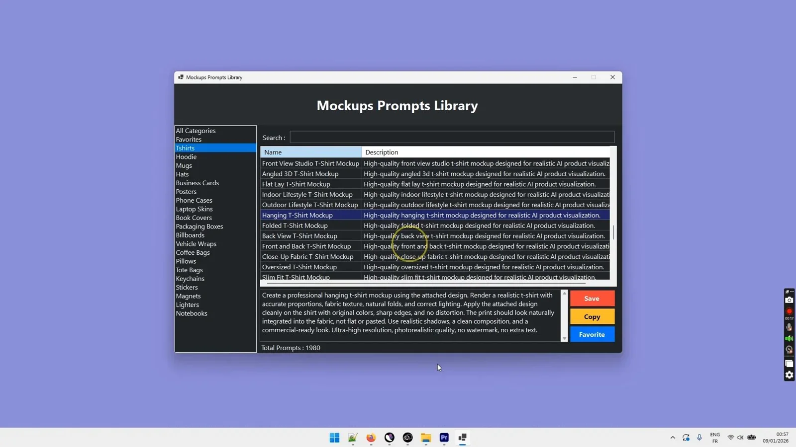Mockups Prompts Library interface showing apparel prompt categories