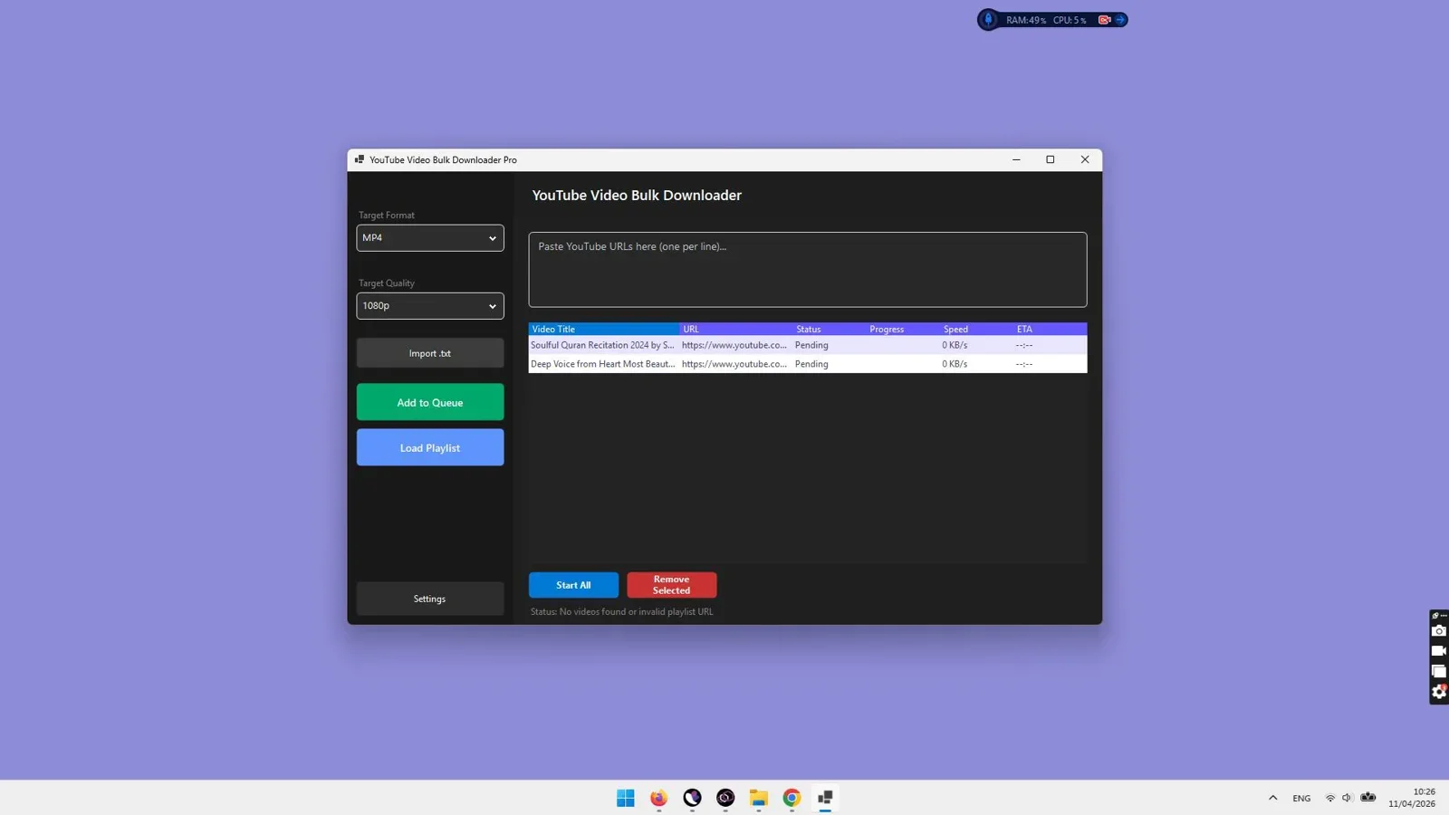 VidGorilla Desktop Interface showing URL Input and Batch Queue