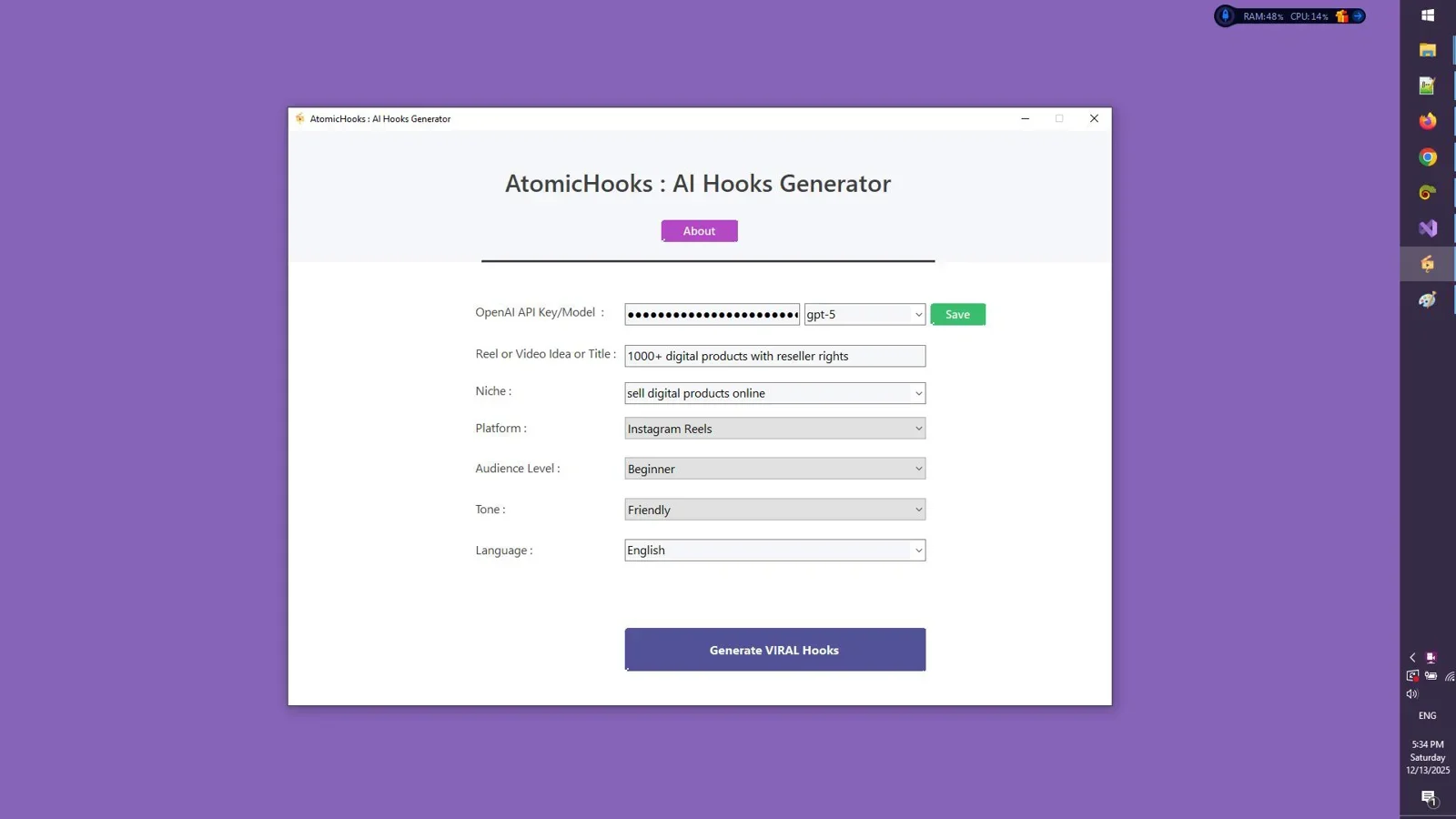 AtomicHooks AI Viral Hooks Generator Main Dashboard Interface