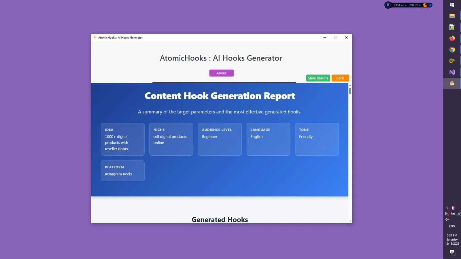 AtomicHooks Instagram and TikTok Script Generator Interface